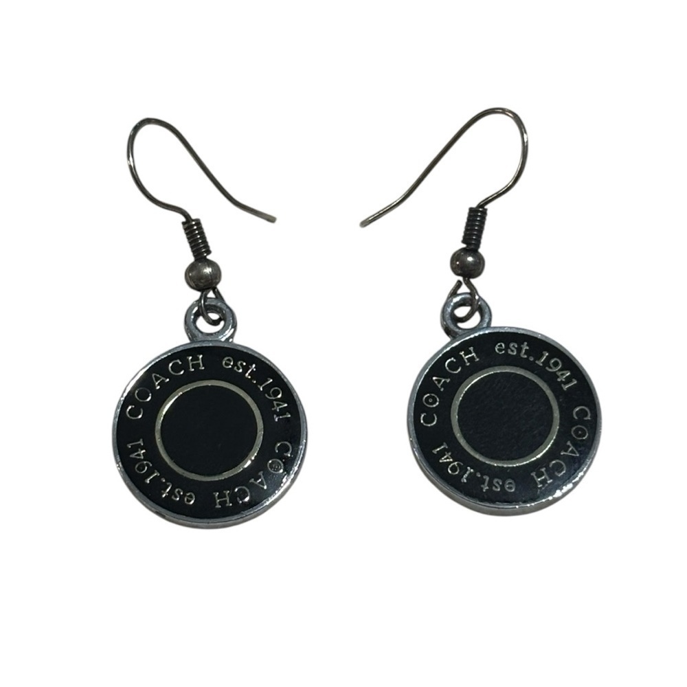 Coach Dangle Black and Silver Enamel Disc Earrings, hooks - Picture 1 of 4